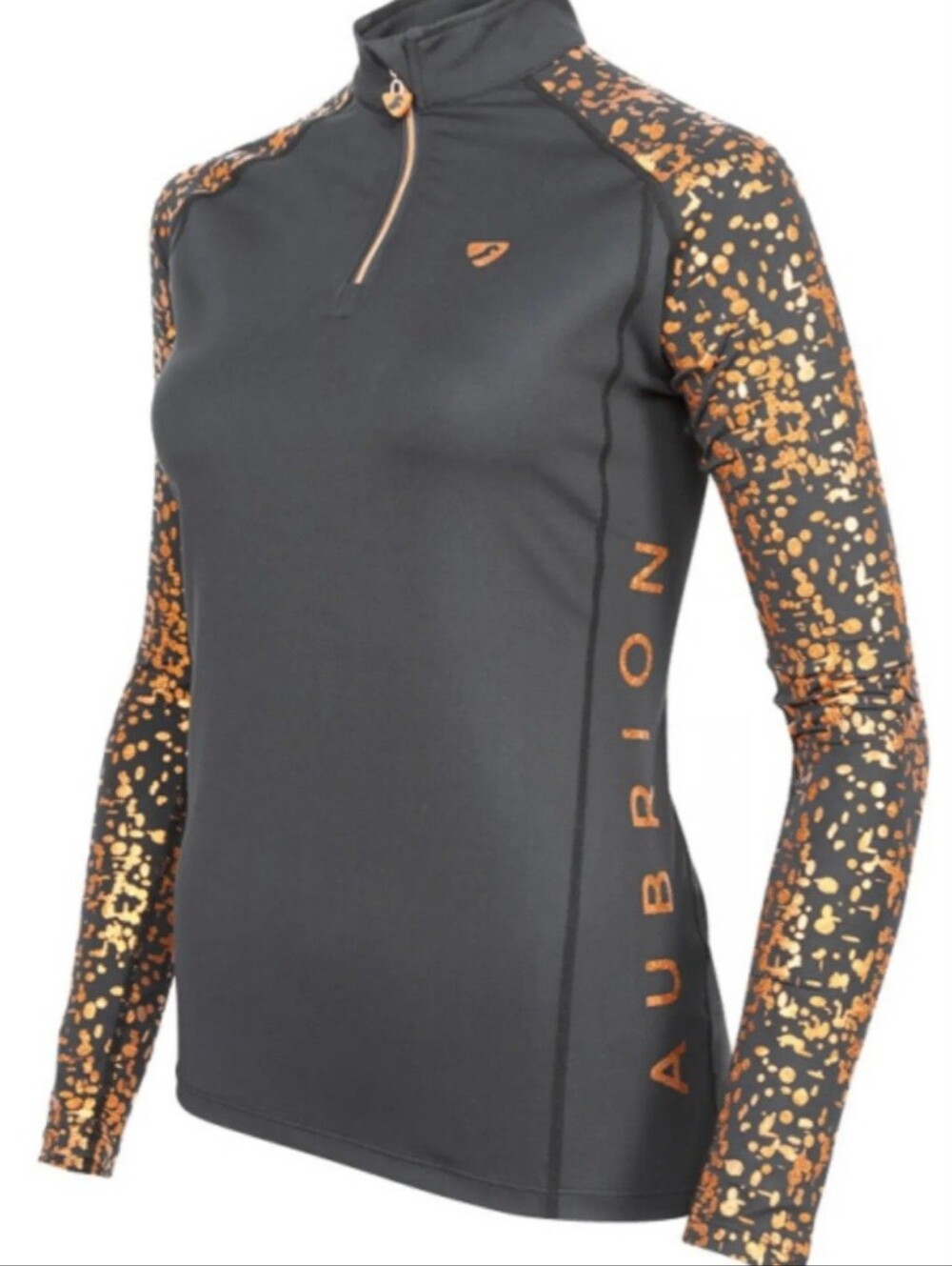 AUBRION Womens Black Long-Sleeve Performance Top with Oranfe Gold Print